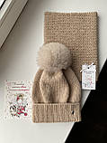 Дитяча тепла зимова шапка та снуд-хомут ручної роботи з натуральним хутряним помпоном для дівчинки., фото 5