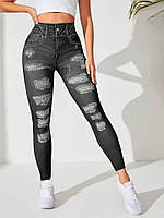 Спортивные женские лосины имитация джинс с высокой талией для фитнеса и спорта Леггинсы с пуш-ап эффектом L, Черный