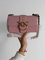 Женская сумка клатч Pinko с птичками кожаная розового цвета на цепочке Premium