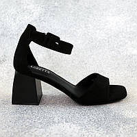 Босоножки женские Черные на каблуке из искусственного экзомаша Nestore Босоніжки жіночі Чорні на каблуці з