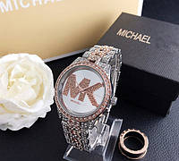 Женские часы Michael Kors Брендовые наручные часы с камнями золотистые серебристые Розовые с серебром Nestore