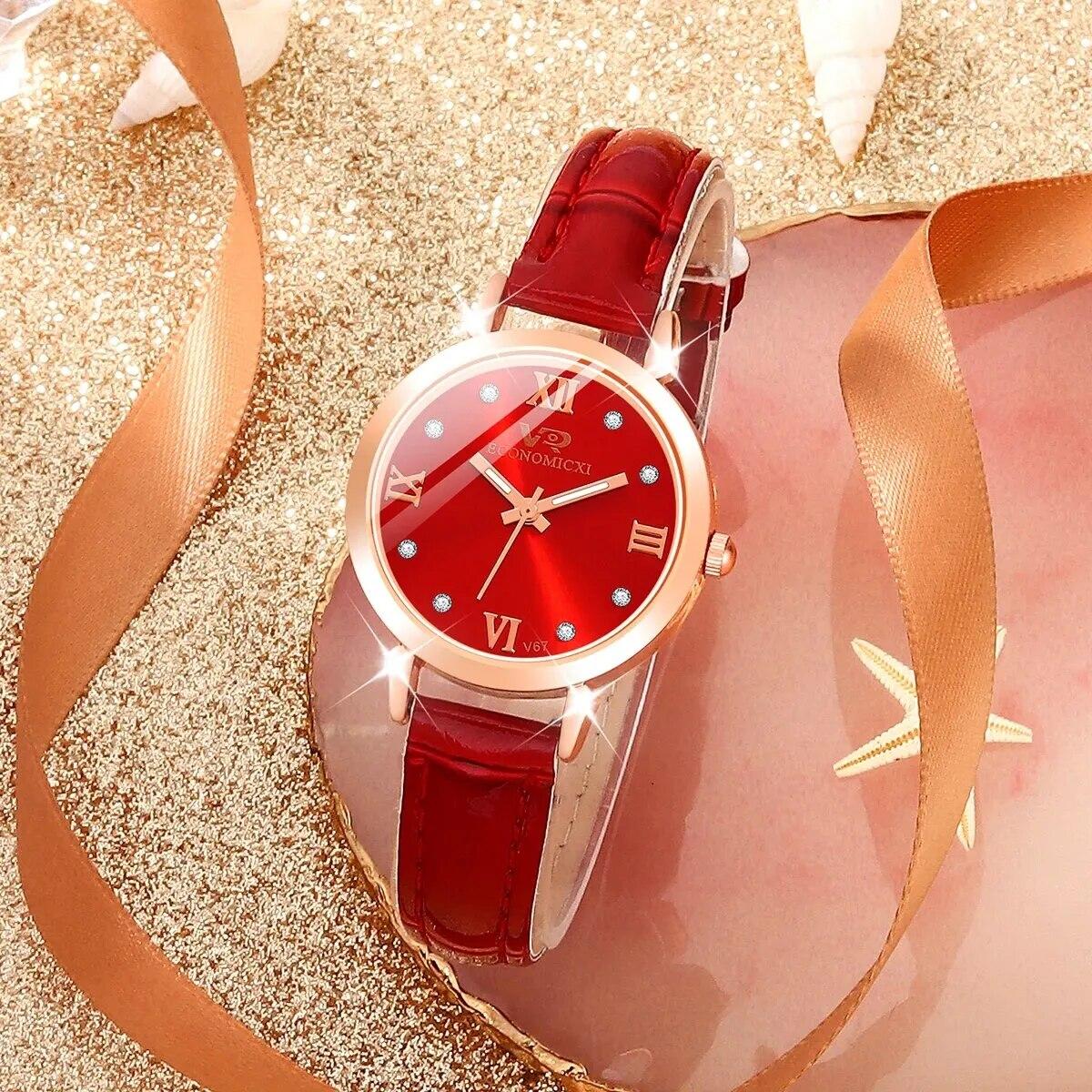 Жіночі кварцові наручні годинники золотисті на червоному циферблаті з фіанітами шкіряний червоний ремінець