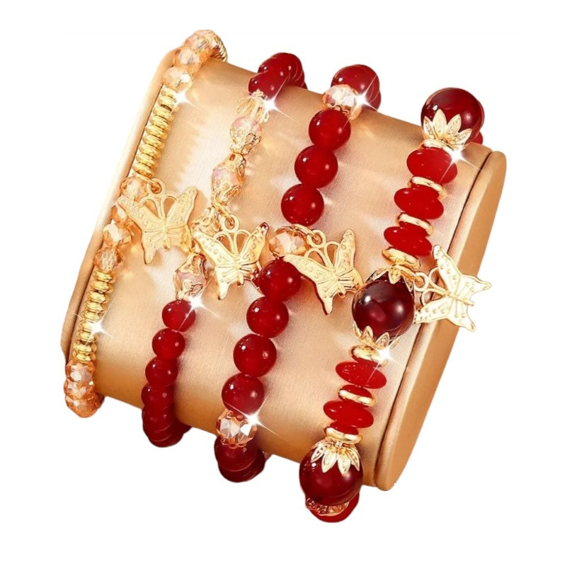 Комплект біжутерії жіночих прикрас 4 червоних браслети із золотистими метеликами