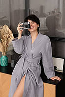 Женский муслиновый халат серого цвета COSY Duna 52 размера из текстурированного муслина