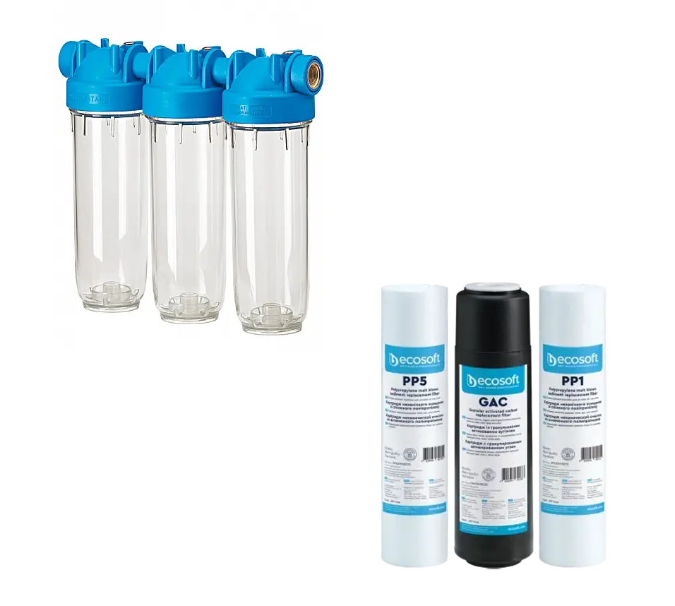 Комплект фільтр-колба Atlas 10 DP-TRIO 3/4" OT-TS + картриджі для осмосу Ecosoft 1-2-3 CPV3ECOSTD