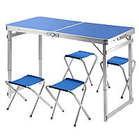 Складной туристический усиленный стол Easy Campi с зонтом 1.8м и 4 складных стула для пикника в чемодане Синий