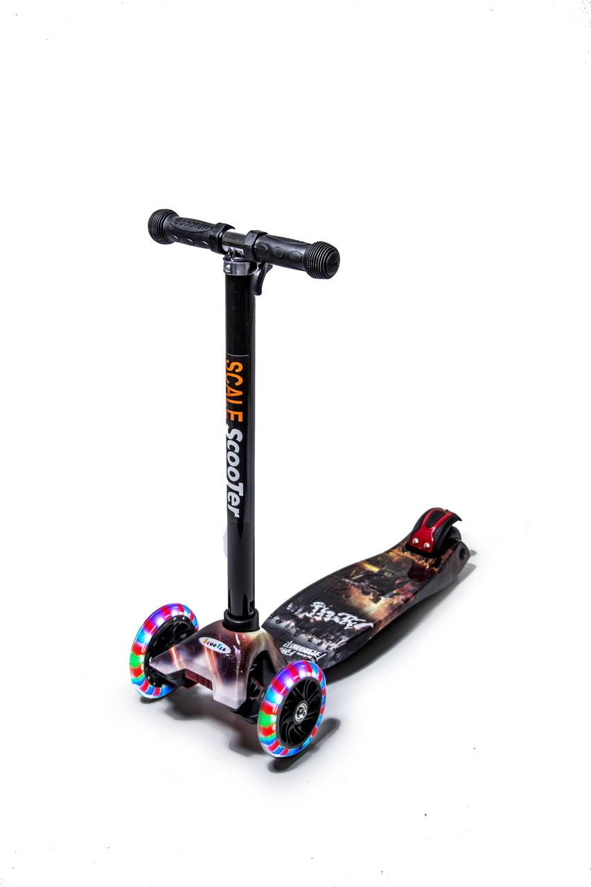 Дитячий самокат триколісний MAXI Scale Scooter BATTLE чорний колеса світяться, фото 1