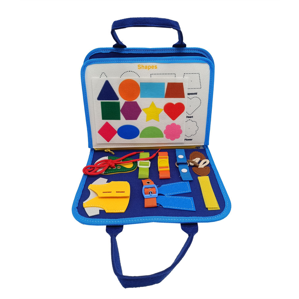 Розвиваюча сумочка-логіка з фетру тактильні вправи синя, фото 1