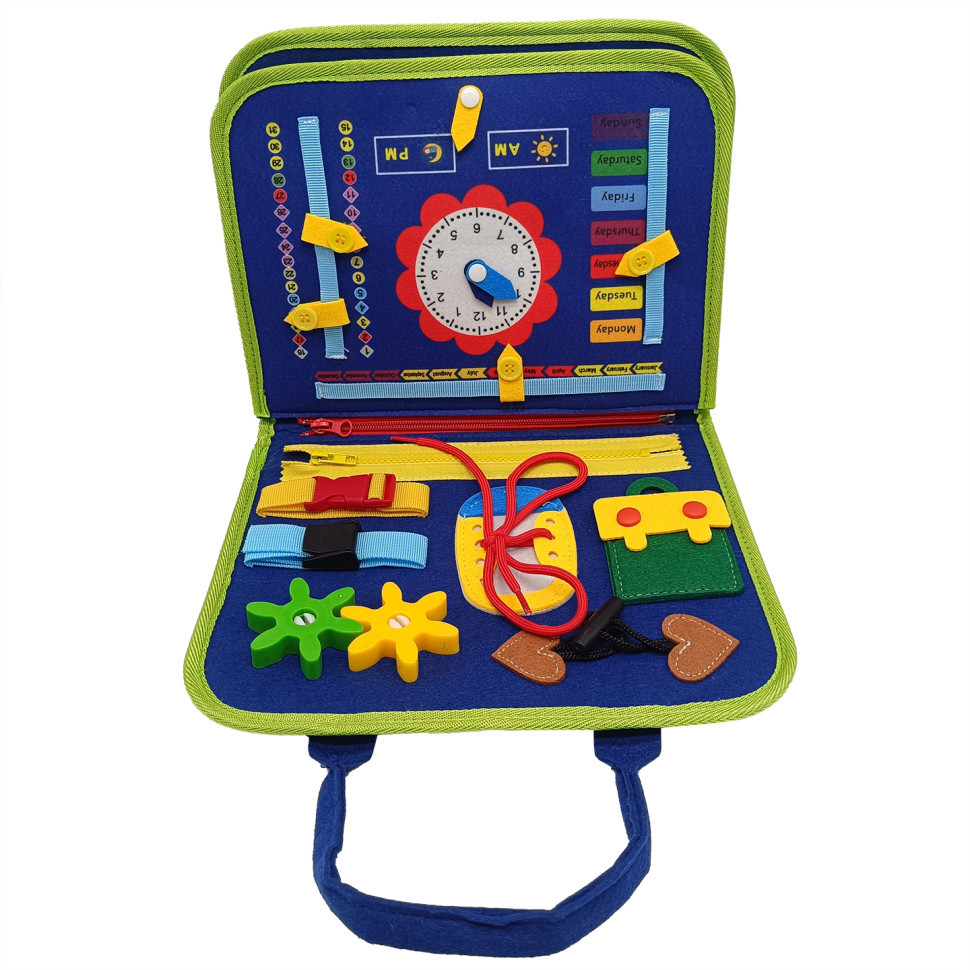 Розвиваюча сумочка-логіка з фетру тактильні вправи синя, фото 1