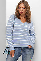 Джемпер женский, вязанный, шерстяной, в полоску, v образный вырез, пуловер, свитер, Голубой, 44-50