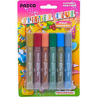 Клей с блёстками 10мл "Pasco" 6 цветов multi colors F-019-07. Минимальный заказ 1 упаковка (3 штуки)