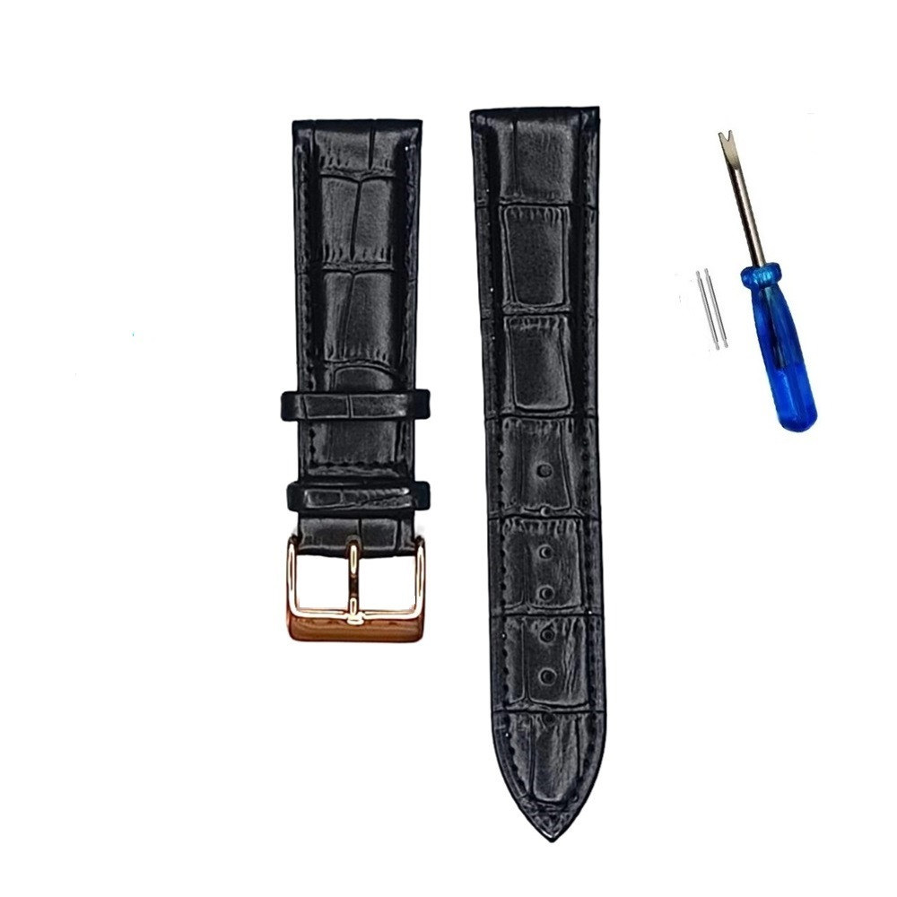 Ремінець шкіряний для годинника 22 мм чорний, пряжка - розовое золото, фото 1