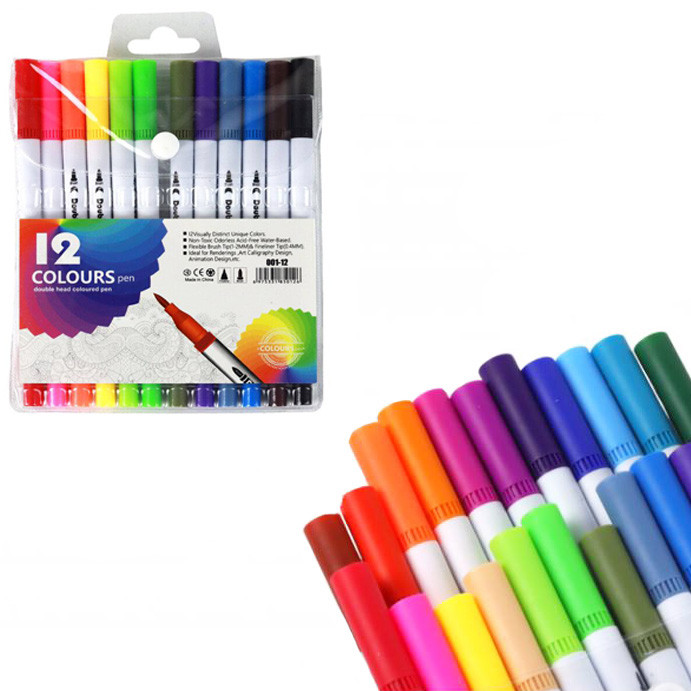 Набір Фломастерів 12 кольорів, фломастери двосторонні, дитячий набір для малювання, лайнер (VD65259)