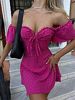 Розовое легкое летнее платье в горошек с открытыми плечами и шнуровкой сзади из ткани ролекс