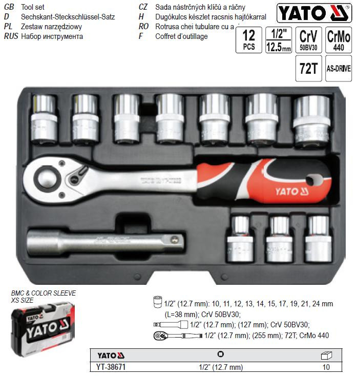 Набір головок торцеві тріщатка подовжувач М10-24 мм h=38 мм l=125 мм 1/2" 12 шт YATO-38671