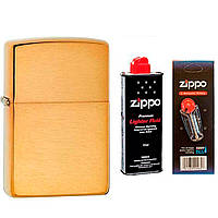 Комплект Zippo Зажигалка 204B CLASSIC brushed brass + Бензин + Кремни в подарок