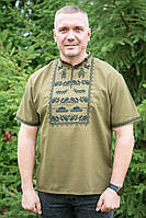 Мужская льняная вышиванка хаки, рубашка-вышиванка с коротким рукавом