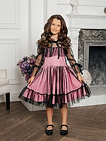 Платье Венсдей в горошек, нежно-розовое