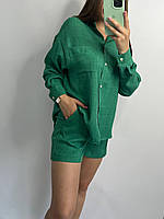 Женский льняной костюм-двойка рубашка шорты размер XL-XXL, летний легкий костюм зеленый, костюм льяной женский