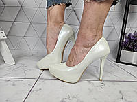Туфли белые с перламутром на шпильке с платформой, Размер 40 (25 см)