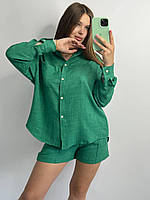Женский льняной костюм-двойка рубашка шорты размер M-L, летний легкий костюм зеленый, костюм льяной женский