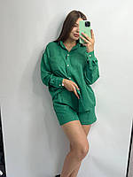 Женский льняной костюм-двойка рубашка шорты размер XS-S, летний легкий костюм зеленый, костюм льяной женский
