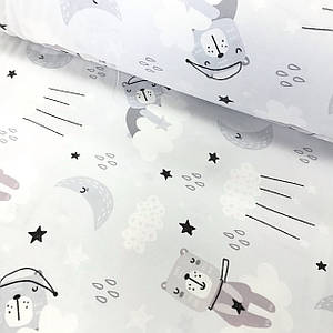 ОТРЕЗ (0,6*2,4м) УЦЕНКА. Фланелева тканина сплячі ведмедики на хмарах у сіро-білих тонах на сірому (шир. 2,4 м)