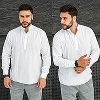 Чоловічі натуральні льняні сорочки з коміром, стильна льон сорочка поло біла Туреччина