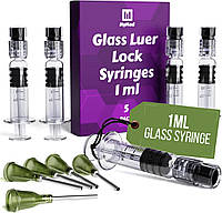 5 Pack Borosilicate Glass Luer Lock Syringe 1ml Capacity Reusable Glass Syringes - Use for Arts and Crafts,