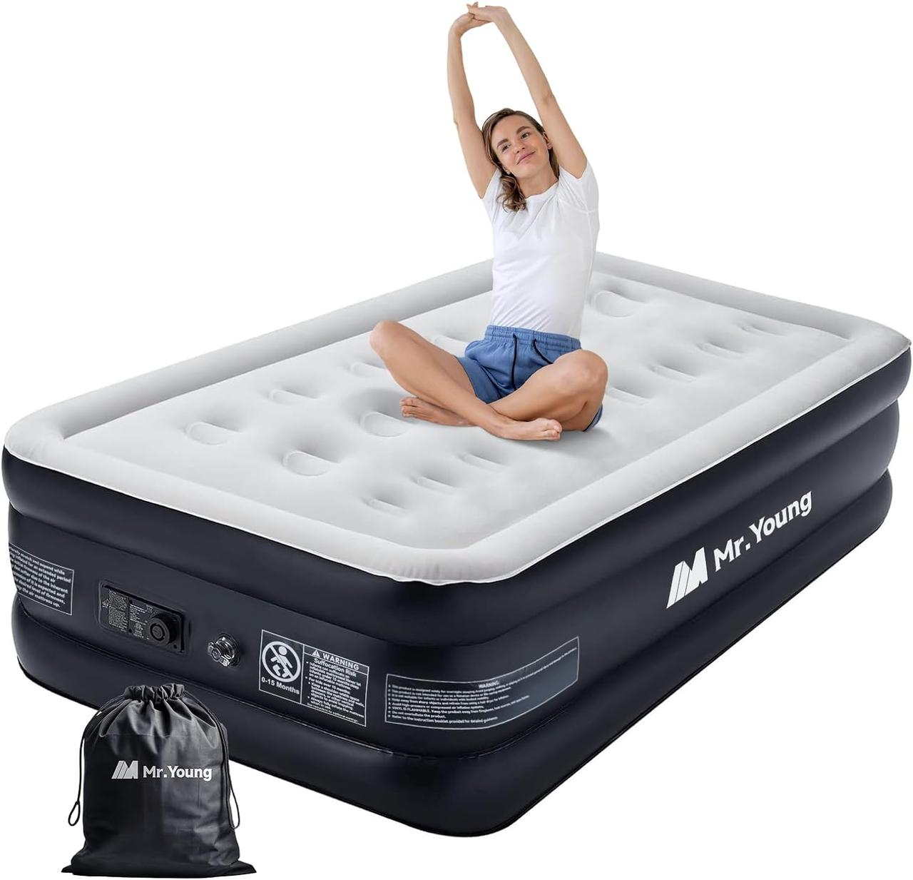 Twin Air Mattress with Built-in Pump for Guest, 18" Tall Inflatable Air Bed with Carrying Bag for Camping, - фото 1 - id-p2180708802