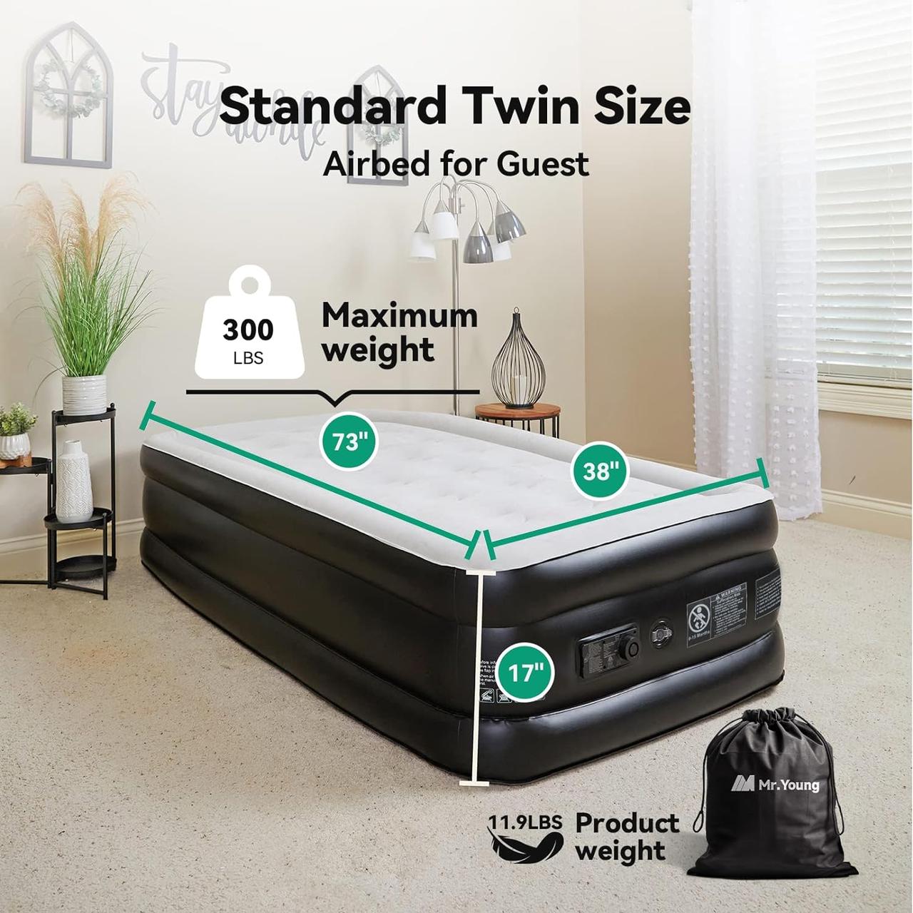 Twin Air Mattress with Built-in Pump for Guest, 18" Tall Inflatable Air Bed with Carrying Bag for Camping, - фото 5 - id-p2180708802