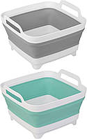 2 Pack Dishpan for Washing Dishes, 2.4Gal/9L Wash Basin with Draining Plug Carry Handles, Collapsible Bucket