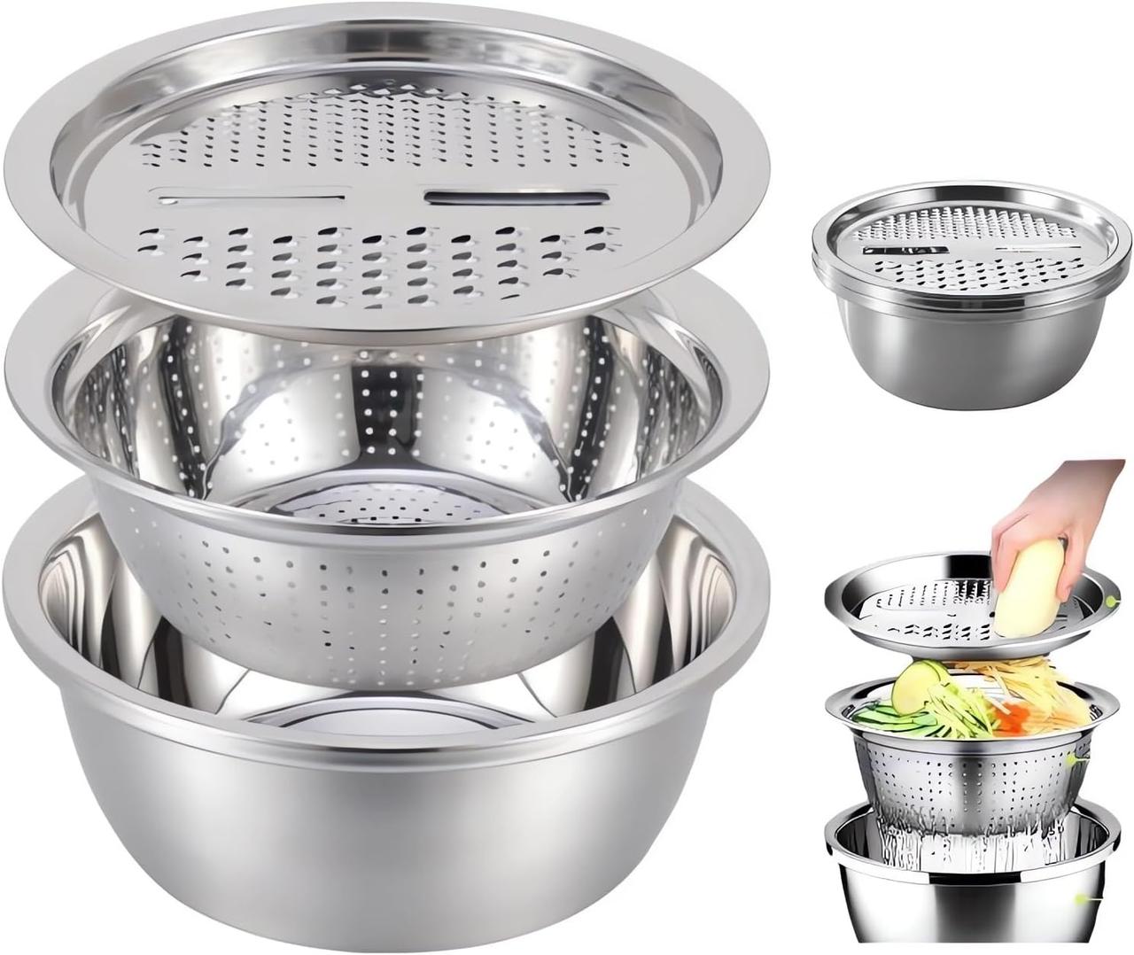 Germany Multifunctional Stainless Steel Basin - 2024 New Colander Strainer Set, Salad Spinner Fruit Vegetable - фото 1 - id-p2180710125