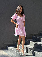 Платье муслиновое с корсетом размер XS-S розовое, женское платье-корсет с декольте легкое летнее короткое