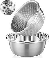 304 Stainless Steel Microporous Colander(2PC), 5QT Large Capacity Mixing Bowl, Water Filter Metal Basin for