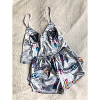 Жіноча піжама шовк Армані, шовковий комплект для сну Сова сіра Ловець снів Топ + шорти S