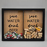 Подвійна рамка копілка "Save water, drink beer and wine" для корків, black-brown, black-brown, англійська, фото 2