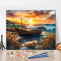 Раскраска по номерам для взрослых Рыбацкая лодка на пляже на закате, Набор для рисования маслом своими руками