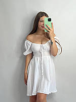 Платье муслиновое с корсетом размер XS-S белое, женское платье-корсет с декольте легкое летнее короткое