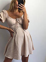 Платье муслиновое с корсетом размер XS-S бежевое, женское платье-корсет с декольте легкое летнее короткое