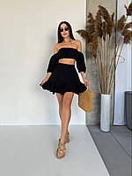 Cтильный легкий свободный  женский летний костюм-двойка юбка клёш  топ  с рукавами ткань  креп жатка черный, 42/44