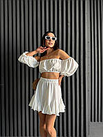 Cтильный легкий свободный  женский летний костюм-двойка юбка клёш  топ  с рукавами ткань  креп жатка белый, 42/44