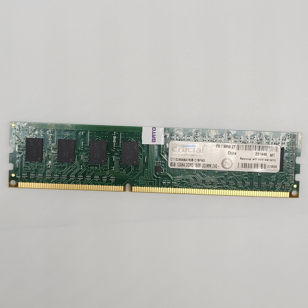 Оперативна пам'ять для комп'ютера Crucial DDR3 8Gb 1600MHz PC3-12800U 2R8 CL11 (CT102464BA160B.C16FND) Б/В