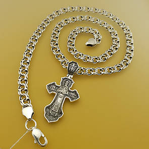 Срібна цепочка з хрестиком чоловіча. Освячений кулон хрест св. Миколай і ланцюжок бісмарк. Довжина 55 см