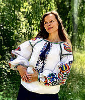 Вышиванка украинская женская крестиком - Казацкий Божник, рукав - Бохо Blue, качественный Хлопок 100% mol-051