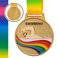 Медаль спортивная с лентой цветная Zelart Плавание C-0336 цвет золотой hr