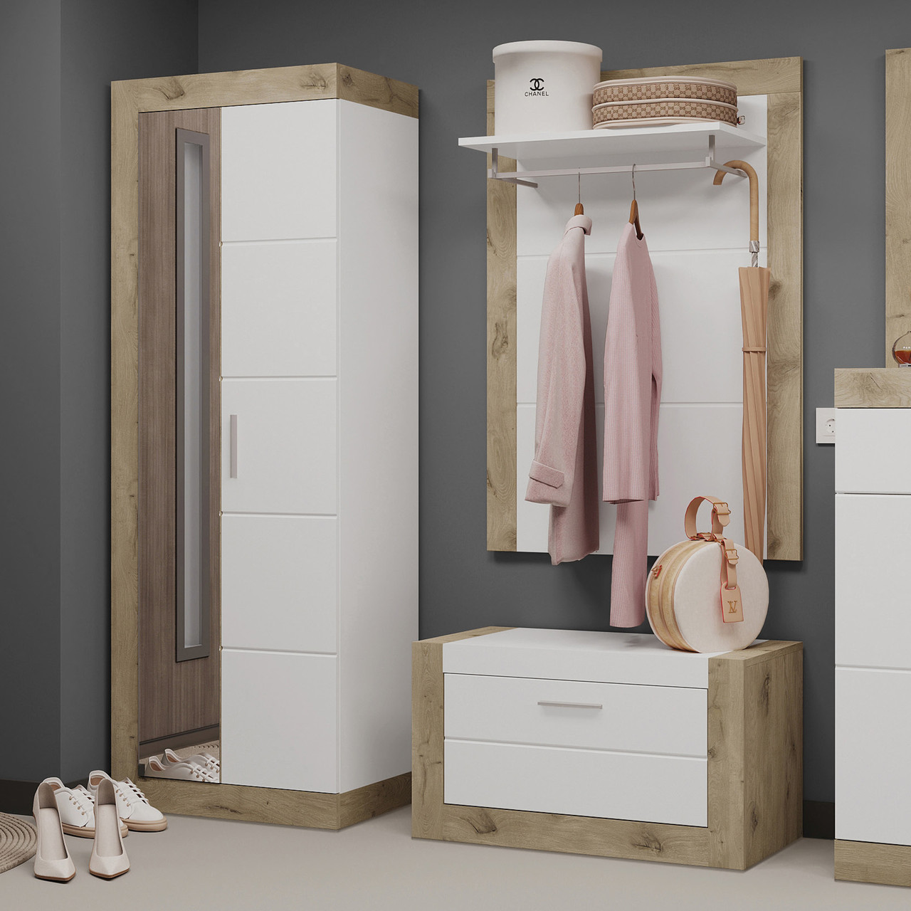 Сучасний світлий вузький модульний передпокій з шафою тумбою для взуття у вузький коридор Палермо Сокме 144 см