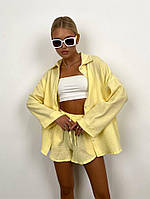 Летний базовый муслиновый женский костюм шорты + рубашка оверсайз (в расцветках и размерах) Желтый, 46/48