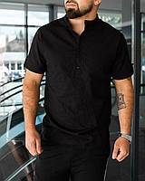 Класична чоловіча чорна льняна сорочка з коротким рукавом (Дорога тканина та пошиття)