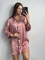 Шелковая рубашка размер M удлиненная розовая пудра, женская сатиновая рубашка на пуговицах для дома и отдыха